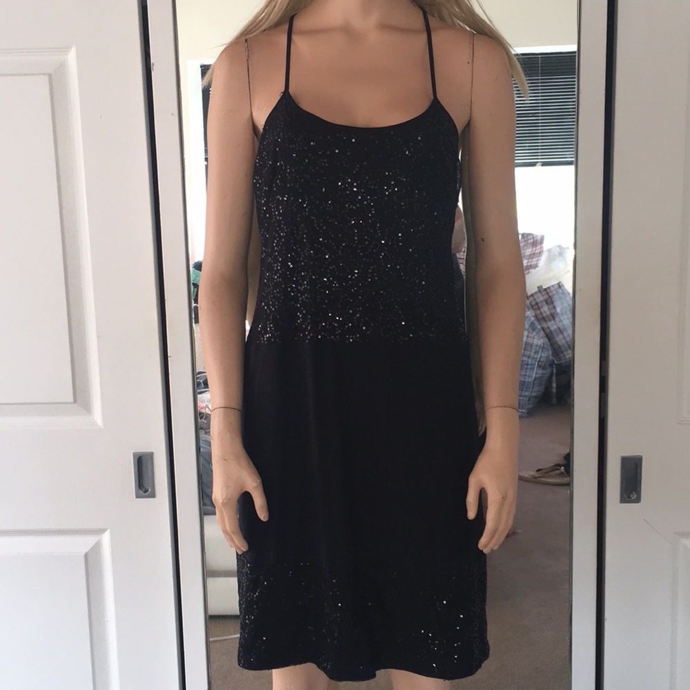 Sexy Blk Sequin Slip Dress Spaghetti Race Back